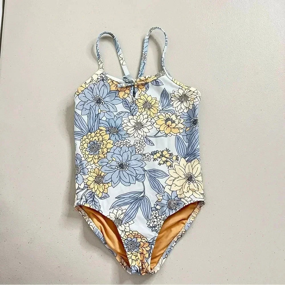 Crewcuts Girls Size 4-5 Keyhole One Piece Swim Suit Blue Coral Floral - Picture 1 of 4